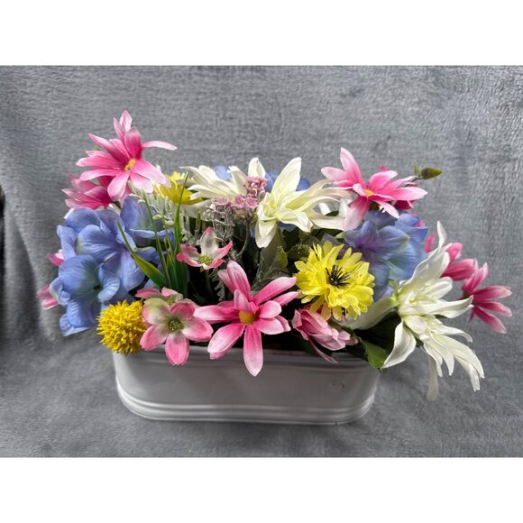 Artificial Floral Arrangement In White Metal Planter Pink Yellow Blue & White - Picture 1 of 5